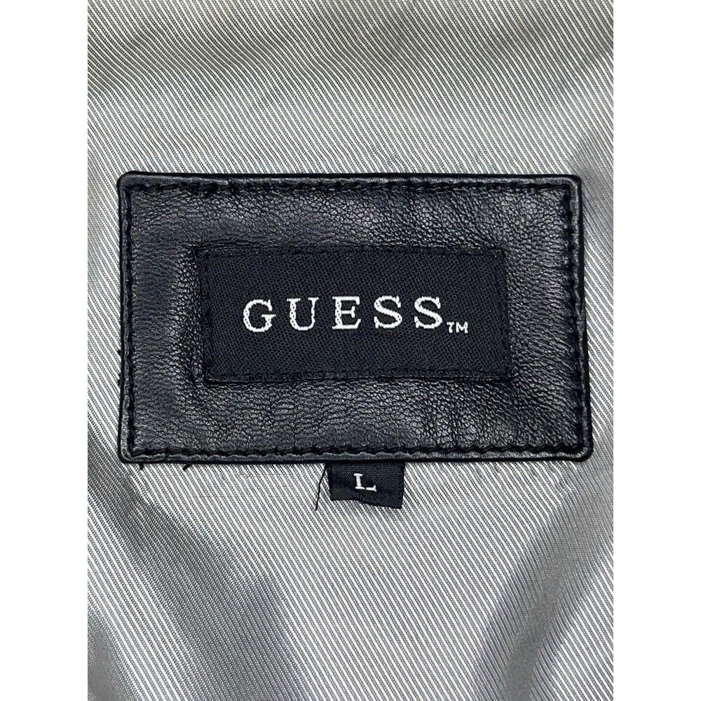 Vtg Y2K Guess Leather Bomber Jacket Womens LG Black Full Zip Biker 90s Grunge - Picture 10 of 12